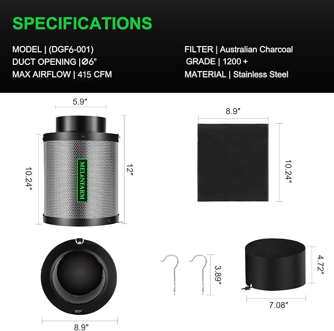 6" Air Carbon Filter Smelliness Control with Australia Virgin Charcoal, Odor Removal Carbon Filter for Grow Tent, Inline Fan, Hydroponics, Pre-Filter Included, Insulated Flange 6" x 12"