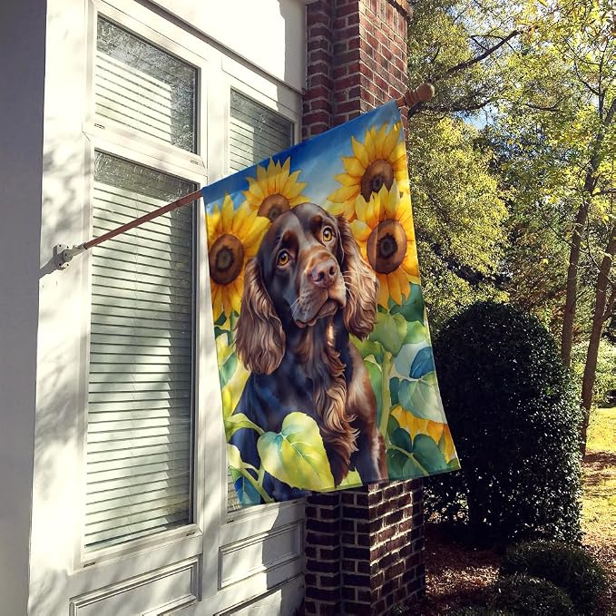 Caroline's Treasures DAC6039CHF Boykin Spaniel in Sunflowers House Flag Large Porch Sleeve Pole Decorative Outside Yard Banner Artwork Wall Hanging, Polyester, House Size, Multicolor