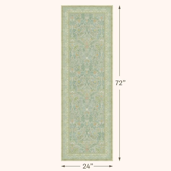 Floral 2x6 Washable Long Hallway Runner Rugs Non Slip, Sage Green Soft Runner for Bedroom Beside Bed, Entryway, Kitchen, Bathroom, Thin Laundry Mat for Floor, Cottage Core Indoor Carpet Decor
