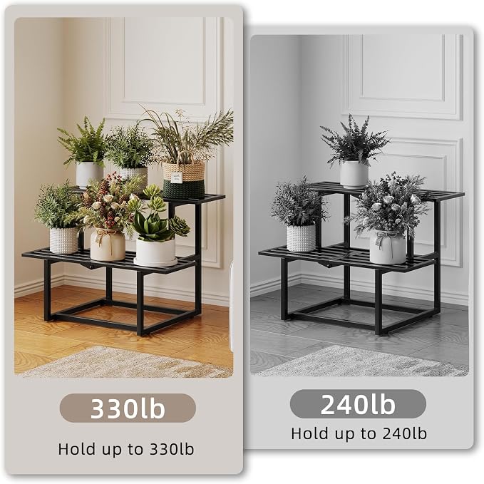 Plant Stand Indoor Outdoor, Foldable Metal Plant Shelf for Multiple Pots, Vintage Slatted Design, Suitable for a Variety of Houseplants and Gardens, Heavy Duty Capacity 330 lbs 2 Tier Black