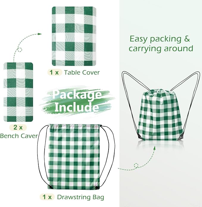 Picnic Table Cover with Bench Covers and Bag, Camping Table Camping Essentials Cover with Elastic Edges, 72x30 Inches 3 Pcs Set (Green)
