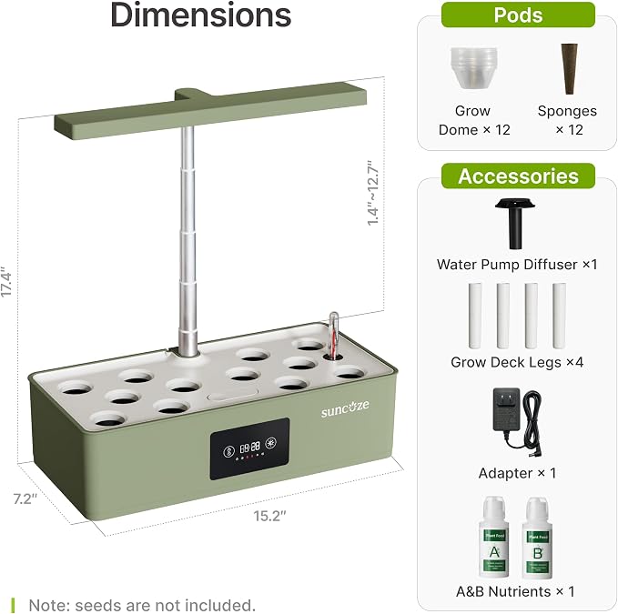 SUNCOZE Hydroponics Growing System Kit with 24W Dimmable LED Light, Green | 12 Pods Indoor Herb Garden with Timer & Local Time Setting, Adjustable Height, Smart Countertop Garden for Home & Kitchen