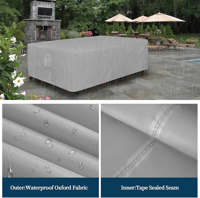 Easy-Going Rectangle Patio Furniture Cover Waterproof Outdoor Dining Table and Chair Cover Anti-UV Outside Sectional Sofa Set Covers (110"L x 84"W x 28"H, Grey)