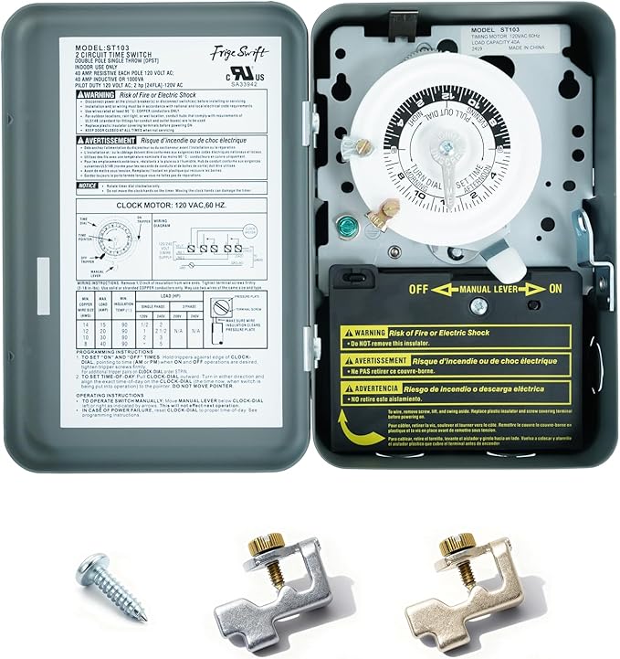 T103 40A 120V 24-Hour Mechanical Timer, DPST Switch with 12 ON/Off Cycles. for Defrost, Lighting, Irrigation，Indoor Use Only