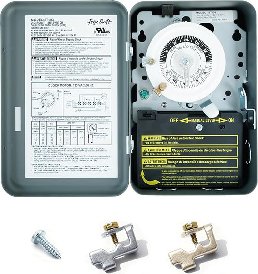 T103 40A 120V 24-Hour Mechanical Timer, DPST Switch with 12 ON/Off Cycles. for Defrost, Lighting, Irrigation，Indoor Use Only