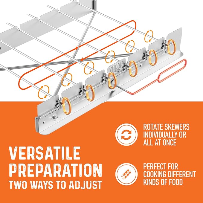 Yukon Glory Rotating Kabob Skewer Rack, Stainless Steel Shish Kebab Set with 6 Metal Skewers, Collapsible Holder for Grill, Dishwasher Safe