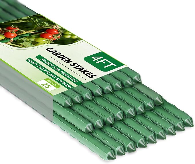 25 Pack Garden Stakes 4FT (48 Inch), Heavy Duty Steel Tomato Stakes with Plastic Coating, Plant Support Stakes for Outdoor Climbing Plants, Vegetables, Beans, Potted Plants & Garden Use