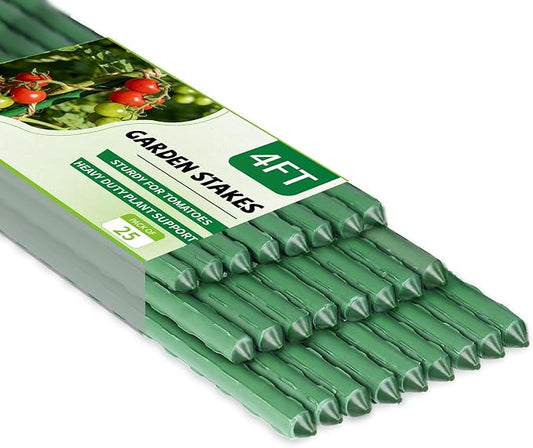 25 Pack Garden Stakes 4FT (48 Inch), Heavy Duty Steel Tomato Stakes with Plastic Coating, Plant Support Stakes for Outdoor Climbing Plants, Vegetables, Beans, Potted Plants & Garden Use