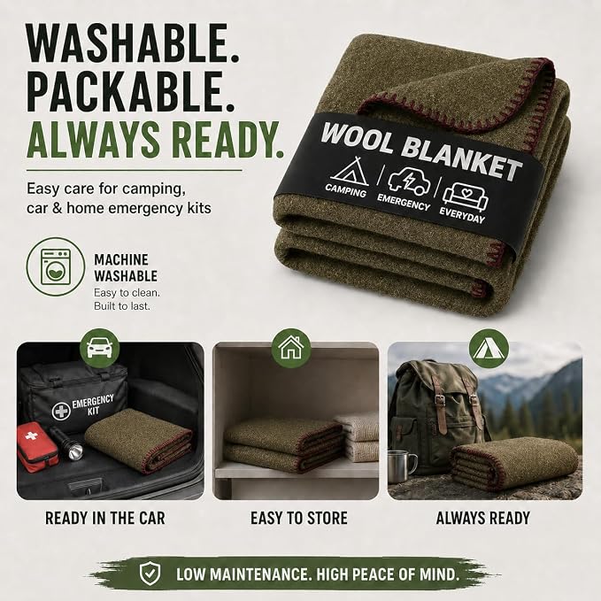 Wool Camping Blanket 10-Pack - 70% Wool Heavy-Duty Military Style Throw, Warm & Washable, Fire Retardant Cover for Emergency, Survival & Outdoor Use - For Camping, Car, Home & Hiking, Olive 66x90
