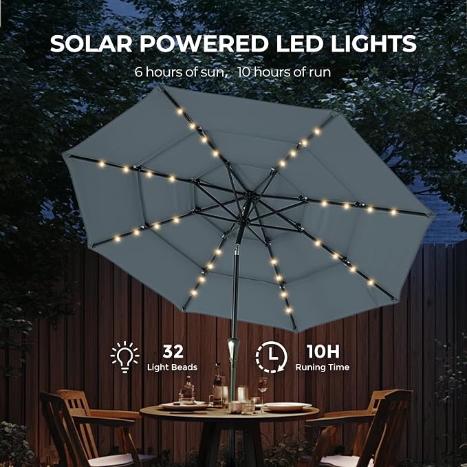 HOMSHADE 3-Tier Patio Umbrella with Solar Lights(Grey,No Base) | 5-Year Fade Resistant;32 LED Lights;Windproof;8 Thicker Ribs;UPF50+;Pool Garden Deck