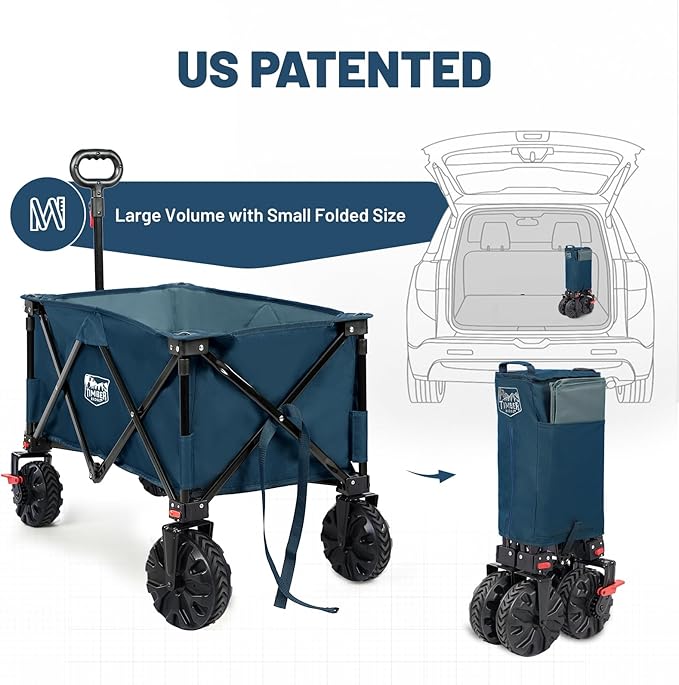 Timber Ridge Outdoor Collapsible Wagon with Brakes Utility Folding Cart Heavy Duty All Terrain Wheels for Shopping Camping Garden with Side Bag and Cup Holders, Blue