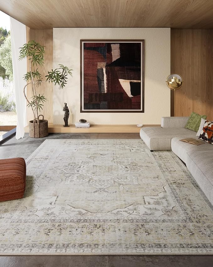 8x10 Area Rugs for Living Room: Washable Rug Non Slip Low Pile Soft Faux Wool Non Shedding Vintage Boho Large Carpet Rugs for Bedroom Dining Room Kitchen Nursery Under Table Home Office Farmhouse