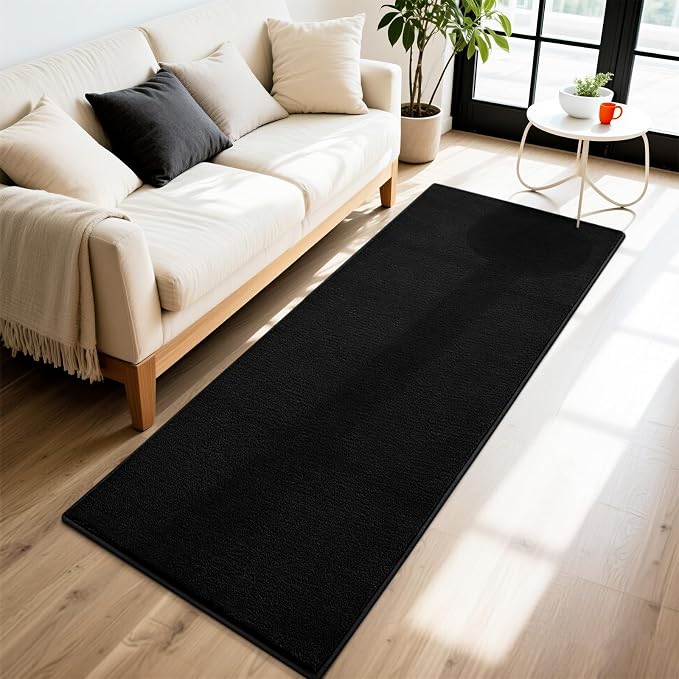 Vasofe Black Hallway Runner Rug, 2x6 Non Slip Runners, Washable Bedroom Rug | Indoor Thickened Memory Foam Bedside Rugs for Kitchen Dorm Kids Boys Room, Medium Pile Shag Fluffy Carpets for Entrance Hall