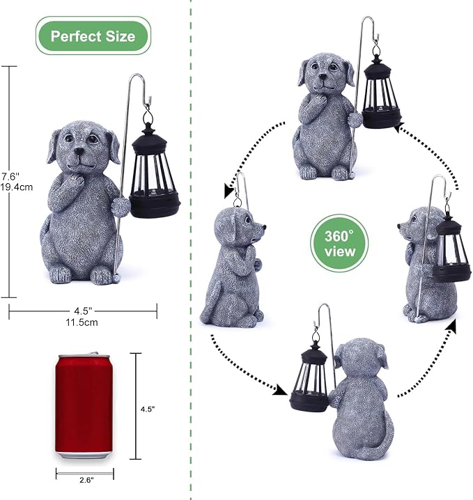 Qeeman Solar Dog for Garden Decor: Weatherproof Resin Statues | Warm Glow Lantern Outdoor Decoractions for Yard Pathway Patio Porch Balcony Front, Gifts for Mom Grandma Lovers