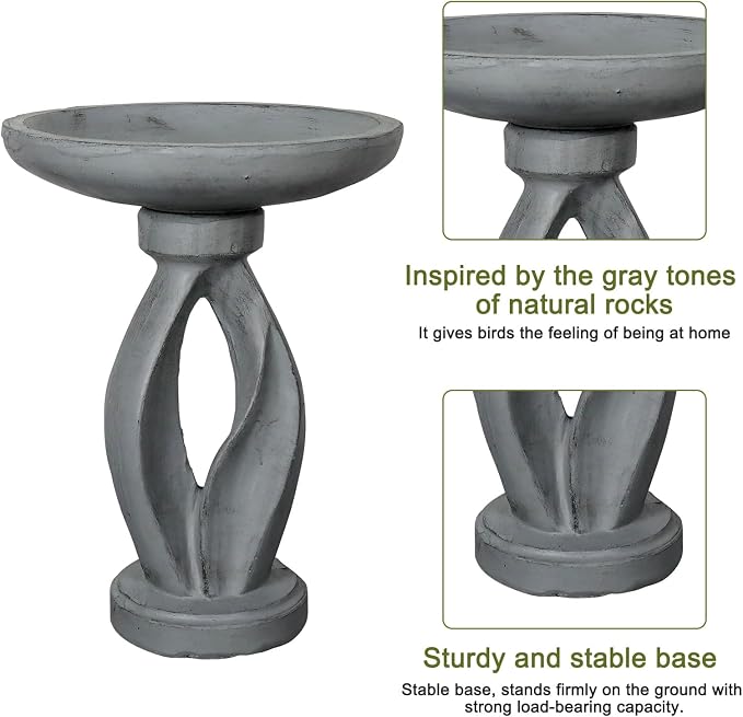 SKYFIRE 21.85 Inch Tall Pedestal Bird Bath, Fibre Reinforced Concrete Birdbath with Twisted Base, Weather Resistant & Durable Bird Bath for Garden Patio Lawn Backyard, Gray