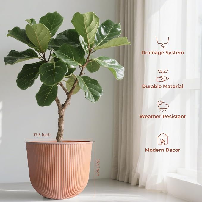 Worth Garden Round Large Planter Pot 1-Pack, 17.5" Dia x 15.5" H - Durable Plastic Terracotta Plant Tree Pots with Vertical Stripe Textured Finish, Drainage Hole for Indoor Outdoor Front Porch Patio