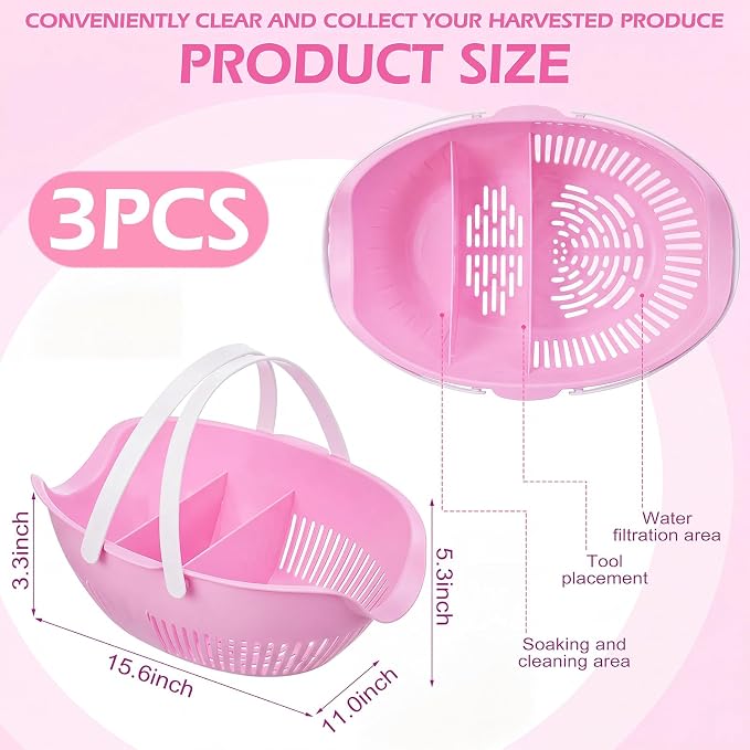 Nuogo 3 Pcs Garden Harvest Basket Removable Partitions with Tool Caddy for Collecting Carrying and Cleaning Harvesting Basket Doubles Colander for Vegetables and Fruits Garden Accessories (Pink)