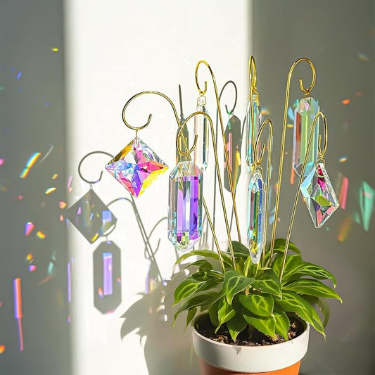 H&D HYALINE & DORA 7 Pack AB Colored Crystal Suncatcher Small Trellis Golden Plant Stake for Potted Plants Indoor Decoration 13.7 Inch
