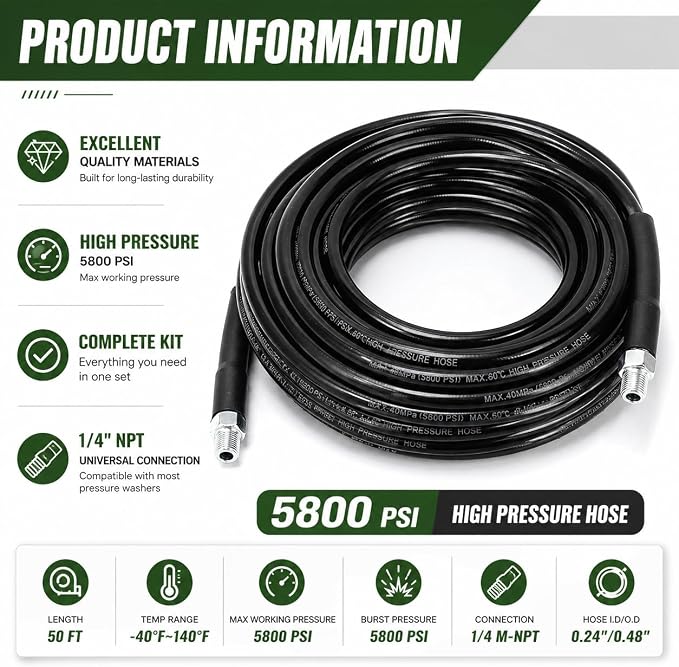 Sewer Jetter Kit for Pressure Washer, 50FT Drain Cleaning Hose with Corner Rotating and Button Nose Nozzles, 1/4" NPT Sewer Jet Nozzle Set with Spanner, Tape, Pins, 5800 PSI