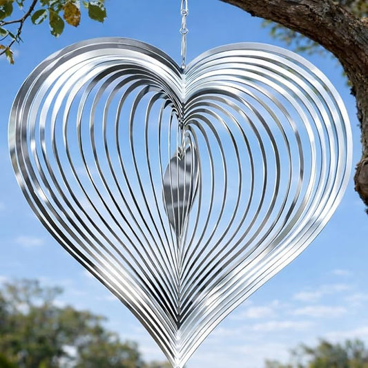 Wind Spinner 12-Inch Outdoor Decoration Gift for Mom | Hanging Yard Art, Garden Decoration for Outdoor and Indoor, Gift for Grandma and Women, 3D Heart, Stainless Steel, 1 Pack