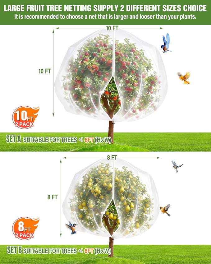 JoyHalo Fruit Tree Netting with Zipper & Drawstring, 8 × 8FT Pest Barrier Netting for Garden, 60-Mesh PE Tree Covers for Bush, Blueberry, Vegetables & Plant Protection (2 Packs)