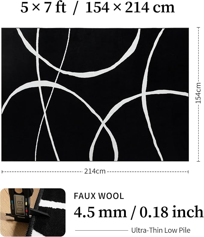5x7 Washable Modern Abstract Black White Area Rug | Ultra-Thin Low Pile, Non-Slip TPE Backing, Soft Stain Resistant, Machine Washable, for Bedroom Livingroom High Traffic