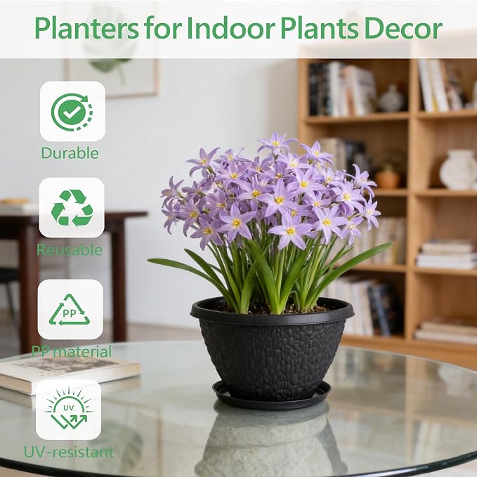 Nooulap 4 Pack 8 inch Plant Pots for Outdoor Indoor, Durable Flower Pots with Drainage, Indoor Outdoor Planters for Herbs Flowers (Black Pebbles Design)