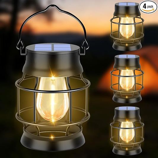 TomCare Solar Lanterns Lights Outdoor Waterproof 4 Pack Metal Hanging Solar Lights Lantern for Outdside Decorative Patio Porch Garden Lawn, Warm White