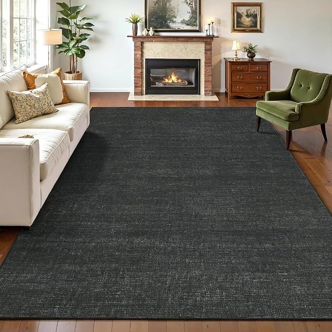 Garvee 9x12 Black Rug for Living Room Modern Solid Color Washable Area Rug | Non Slip Backing Non Shedding Stain Resistant Low Pile Ultra Soft Thin Foldable Rug for Bedroom Nursery Dining Room