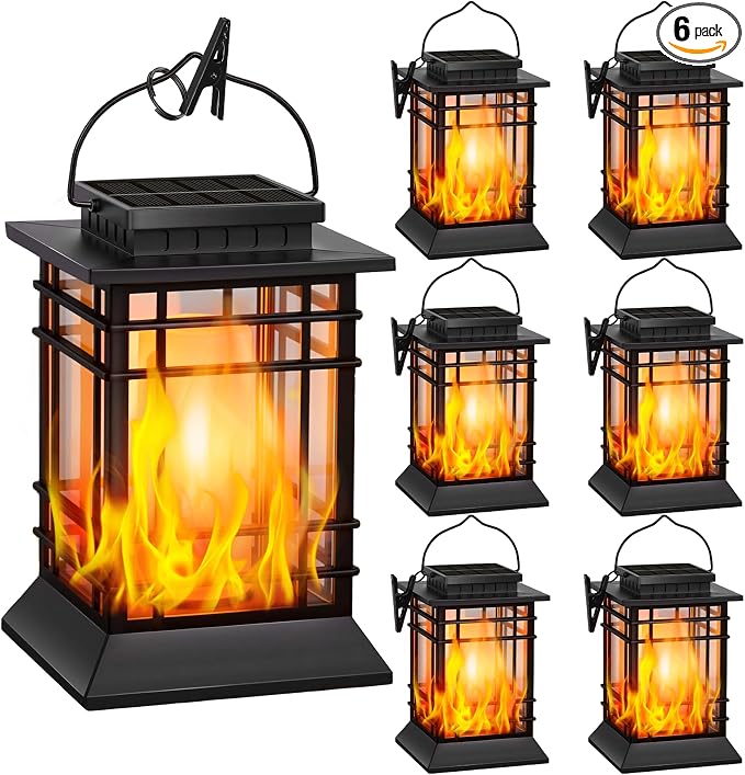 Brightever 6-Pack Solar Lanterns Outdoor Lights, Upgraded Flickering Flame Solar Lanterns Outdoor Waterproof, Hanging Solar Lights for Outside with Clip, Solar Lantern Lamps for Backyard Garden Decor