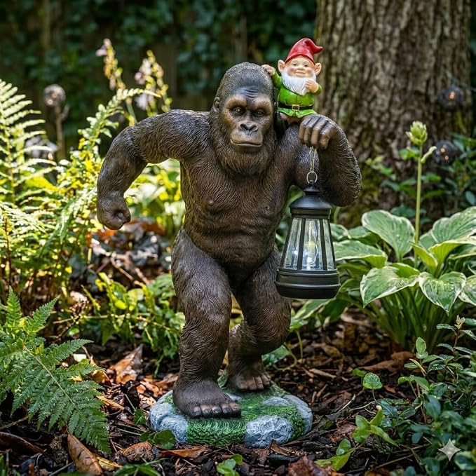 Solar Bigfoot Garden Statue with Gnome & Lantern, 16 Inch Sasquatch Decor | Large resin outdoor statue for patios and yard. Funny Bigfoot gift for husbands, dads, grandpas and Sasquatch fans.