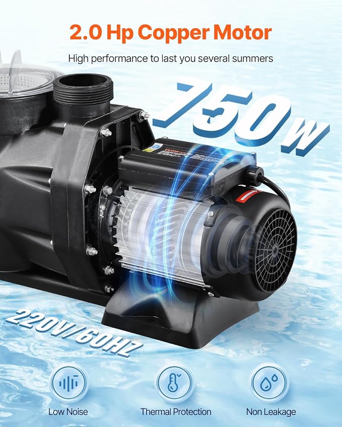 VEVOR In/Above Ground Pool Pump, 2 HP, Self Priming Single Speed Swimming Pool Pump, 220V 3450 RPM 61 ft Max Head Lift with PP Shell Strainer Basket, 122°F Max Water Temp, for Hot Tubs Spas, No Plug
