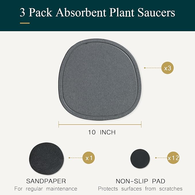 10 Inch 3 Pcak Diatomite Plant Saucers for Indoors Outdoors, Flower Plant Pot Saucers Drainage Trays to Catch Water, Diatomaceous Earth Planter Plates Water Catcher Drip Trays, Stone Dark Grey