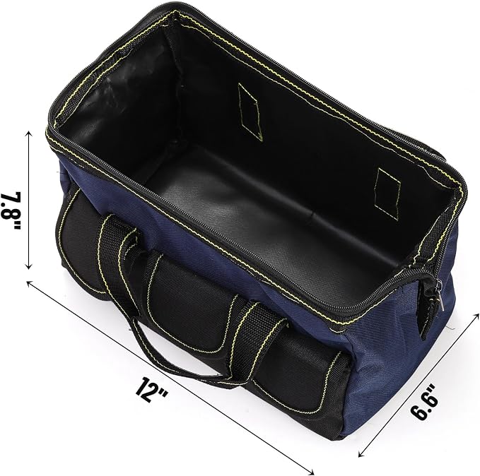 3 Pack Tool Bag, Wide Mouth Tool Tote Bag with Waterproof Base, Heavy Duty Tool Storage Bag Organizer for Various Tools, 5 Pockets, Blue, Yellow, Red, 12 Inch