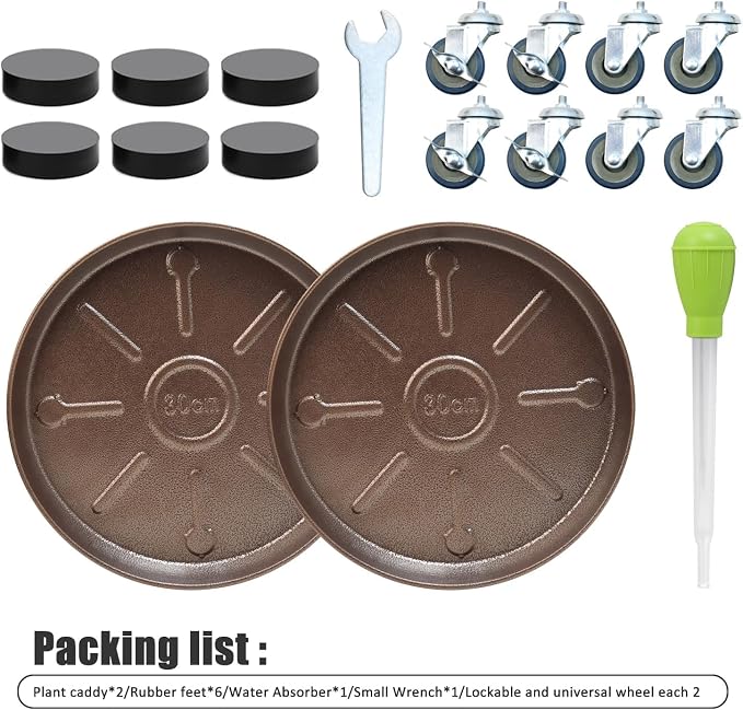 2 Pack 12.2 Inch Metal Plant Caddy With Lockable Wheels,Plant Stand Dolly for Heavy Planter,Wheeled Planter Saucer Tray,Rolling plant stand,Heavy-Duty Plant Caddy for Indoor and Outdoor(Copper)