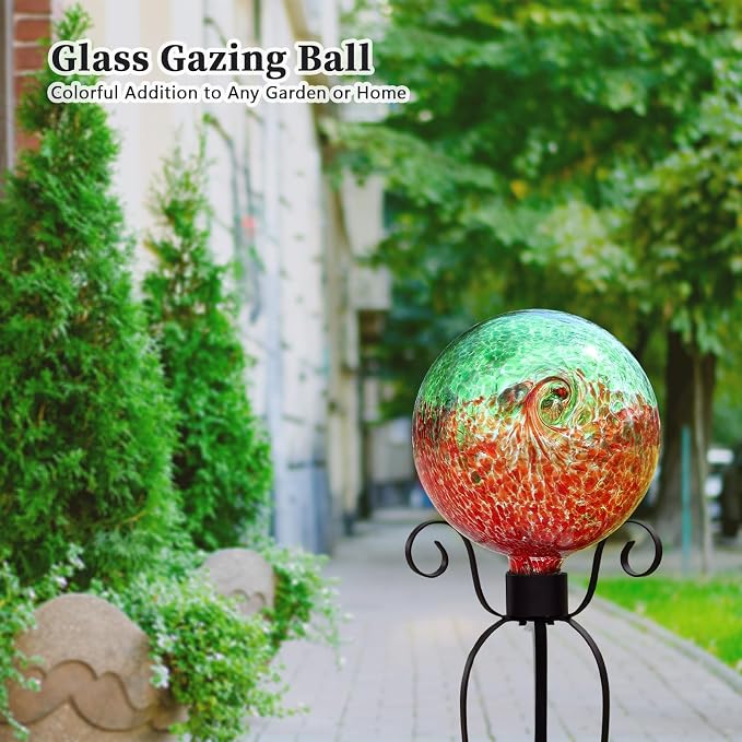 VCUTEKA Gazing Ball, Glass Gazing Balls Garden Globe Outdoor Decor 10" Red | Handcrafted red swirl glass gazing balls that creates elegant garden focal point in any outdoor landscape yard decorative