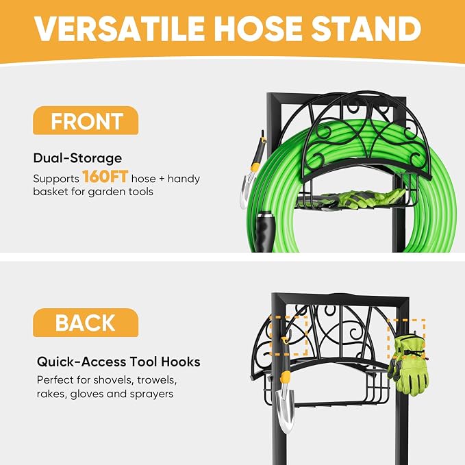 Heavy-Duty Garden Hose Holder with Storage Basket and Tool Hooks, Stable Freestanding Hose Stand Holds 160Ft, Metal Hose Hanger, Rustproof Water Hose Holder Storage for Outside,Yard,Lawn,Farm