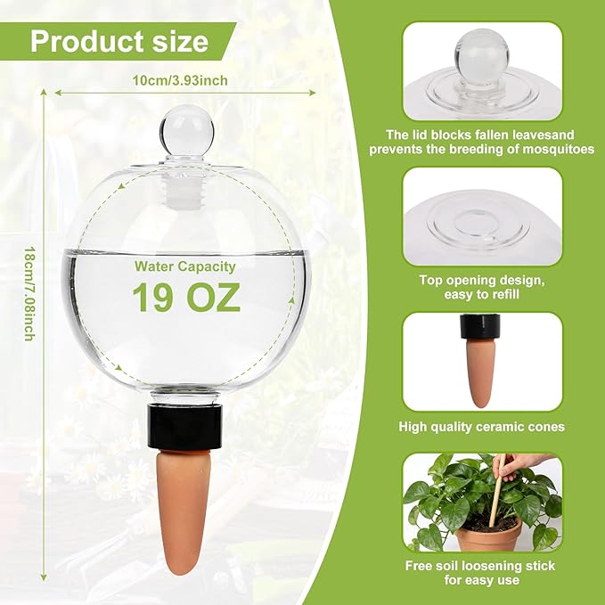 ZephyrBloom 19 Oz Large Plant Watering Globes & Self Watering Bulbs, Water Globes for Indoor Outdoor House Plants, Reliable Plant Water Feeders for Watering Plants While Away On Vacation 2‑Pack
