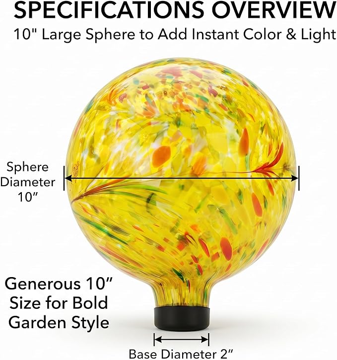 Glass Outdoor Gazing Globe, 10" Hand Blown Yellow Swirl Gazing Ball | Decorative Garden Orb for Yard, Patio, Lawn & Flower Beds