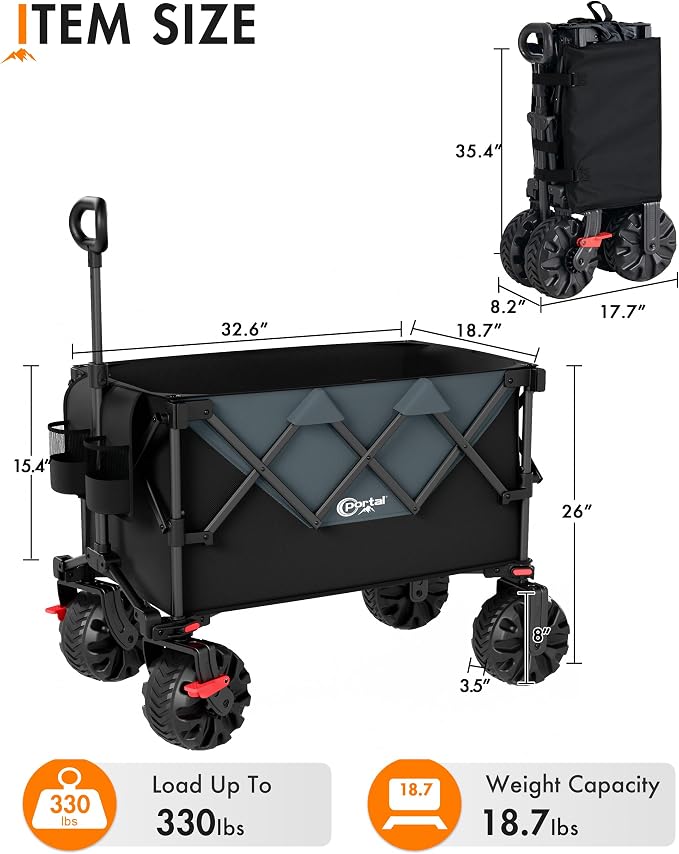 PORTAL Heavy-Duty Folding Wagon Cart, Large Collapsible Utility Wagon with All-Terrain Wheels for Beach, Camping, Garden & Grocery