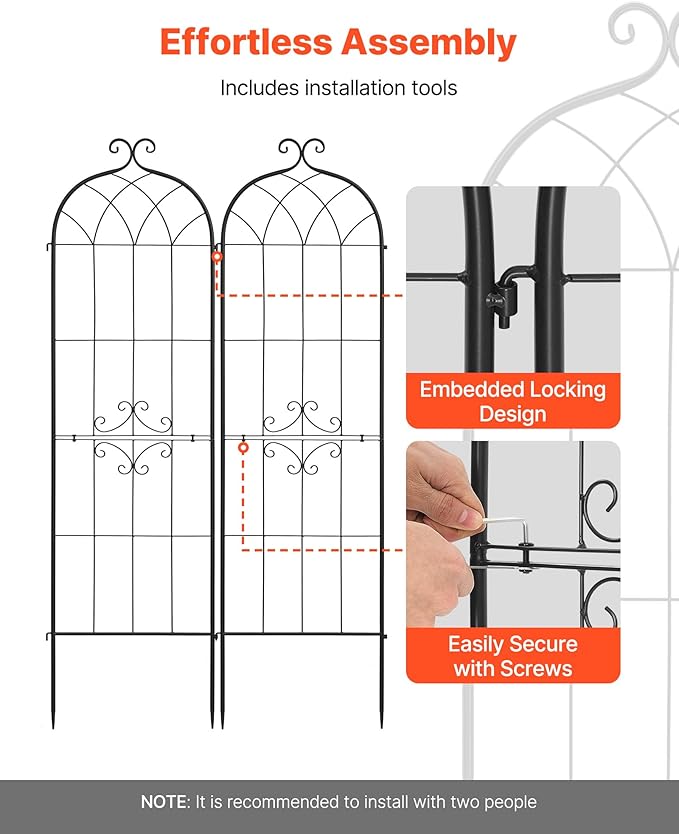 VEVOR Garden Trellis, 71 x 20 inch Rose Trellis, 2 Packs Garden Flower Rose Trellises with Powder-Coated Finish & Convenient Locking Design, Plant Support Trellises for Flowers, Vegetables, Roses