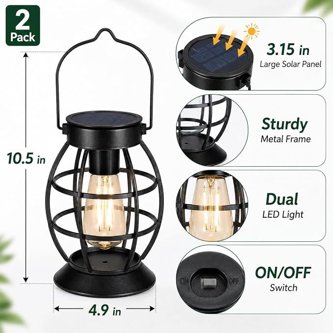 LeiDrail Solar Lanterns Outdoor 2 Pack, Hanging Waterproof Metal Lantern Dual LED Warm White, Auto On/Off Garden Patio Yard Porch Pathway Table Decor, Solar Powered Gift for Women
