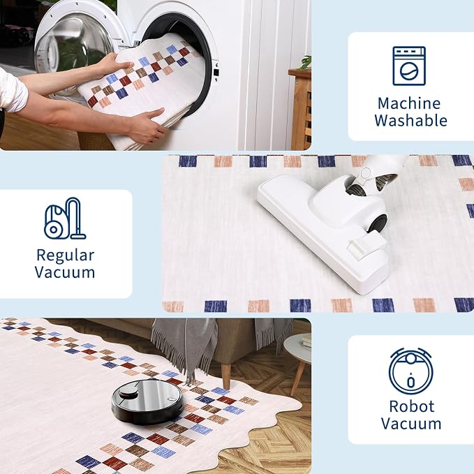 GarveeHome Scalloped Washable Rug 9x12 Area Rug for Living Room Bedroom | Modern Border Large Throw Carpet with Rubber Backing Stain Resistant Neutral Rug for Dining Room Home Decor Office, Colorful