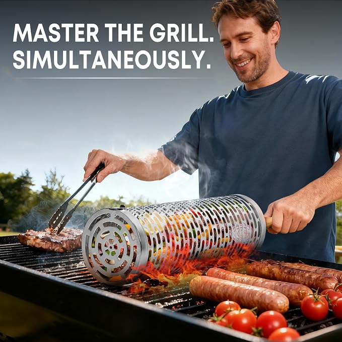 Rolling Grill Basket for Outdoor Grill, BBQ Cage for Vegetable/Veggies 2pcs | Stainless Steel Roll Barbeque Basket with Handle Heat Resistant, Non-slip Large Capacity to Grill Seafood Sausage for Camping