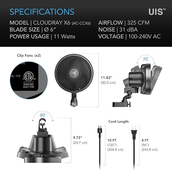 AC Infinity CLOUDRAY S6 Grow Tent Clip Fan 6”, 2-Pack. | Redesigned Long-Life EC Motor, 10 Dynamic Wind Speeds, 10-Level Oscillation, IP-54 Weatherproof for Hydroponics, Cooling