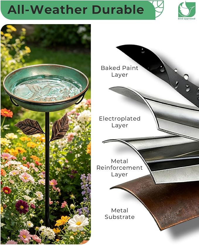 Metal Bird Bath for Outside 12" Bowl – Hummingbird Embossed Garden Birdbath with Stake | Removable Bowl, Rust Resistant Outdoor Water Bowl for Small Birds, 36" Yard Lawn Decor