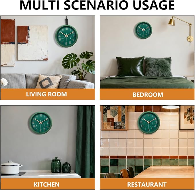 12 Inch Silent Non-Ticking Wall Clock with Temperature and Humidity, Battery Operated Modern Analog Clock with Large Numbers for Bedroom Living Room Office Kitchen Farmhouse Outdoor, Green