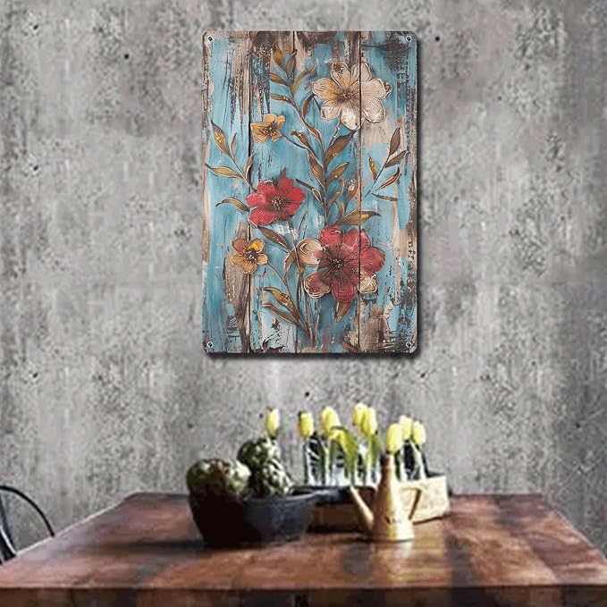 Metal Sign Tin Sign Vintage Wall Art Vintage Longevity Flowers Tin Sign for Shabby Chic Style Rustic Wall Art and Distressed Wood Pane Tin Signs for Garden for Home Decor 6×8 Inches