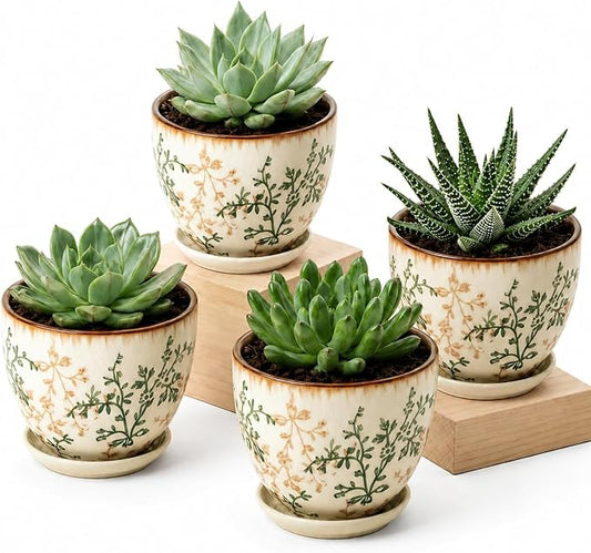 Ceramic Plant Pots, Vintage Succulent Pots, Plant Pots Indoor Set of 4, Planters with Drainage and Attached Saucer, 4.8 Inch Floral Flower Pots for Home Decor, Plant Lover Gifts