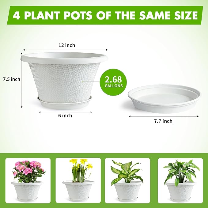 Quarut 12 Inch Plant Pot,4 Pack Large pots for Plants,Flower Pots with Drainage Hole & Saucer,Modern Planters for Indoor Outdoor Plants,Decorative Resin Garden Pots,White